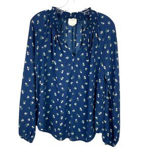 HARPER HERITAGE Womens M Blue Floral Smocked V-Neck Peasant Boho Blouse